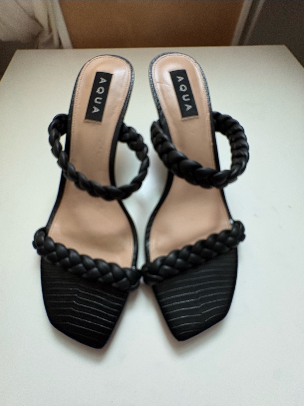 Aqua Black Braided Double-Strap Heeled Sandals
